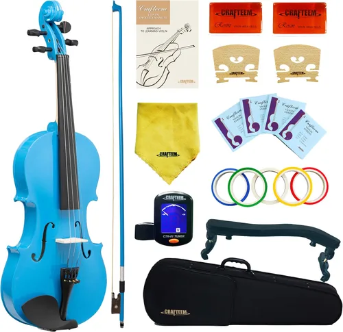 Miniatura 8 de CRAFTEEM 1/2 Conjunto de violín negro premium hecho a mano para principiantes, adultos y niños con cinta adhesiva para dedos de 5 colores - Violín