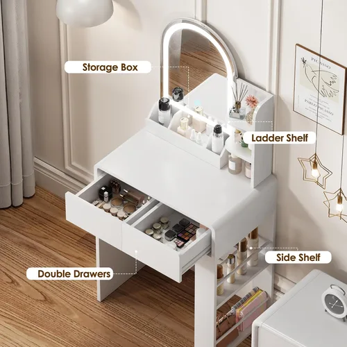 Miniatura 5 de Vanity, pequeño escritorio de tocador con espejo y luces, espacio de almacenamiento con estante lateral, tocador compacto para niñas