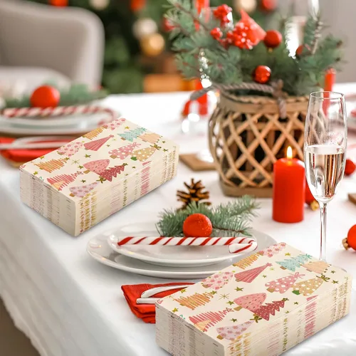 Miniatura 4 de Paquete de 100 servilletas de papel desechables estilo bohemio con árbol de Navidad rosa, servilletas de mano para el hogar, cocina, baño, 13 x 15.7