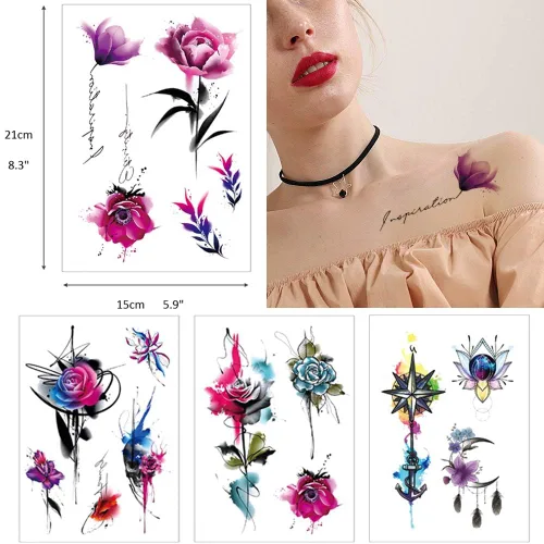 Miniatura 5 de Glaryyears Tatuaje temporal de flores de acuarela para mujeres y niñas, calcomanías realistas de larga duración, paquete de 10 tatuajes falsos