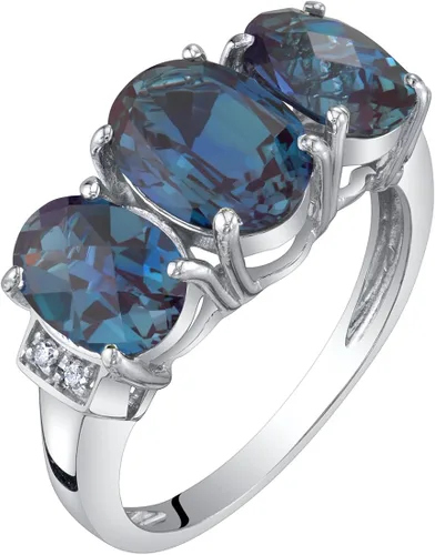 Peora Anillo trino de tres piedras de oro blanco macizo de 14 quilates y piedras preciosas auténticas o creadas para mujer, tallas 5 a 9, Metal