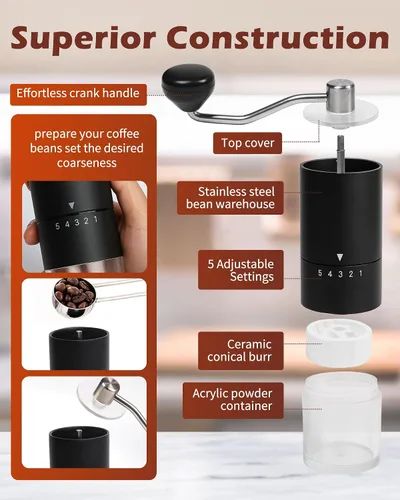 Miniatura 5 de Molinillo de café manual con muela de cerámica para espresso, prensa francesa, 5 ajustes ajustables, molinillo manual con muela incorporada