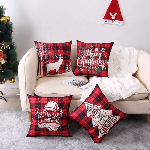 Miniatura 3 de Juego de 4 fundas de almohada navideñas a cuadros de búfalo de 18 x 18 pulgadas, decoración de almohada de lino y algodón rojo beige para decoración