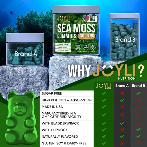 Miniatura 8 de JOYLI Nutrition Paquete de 2 gomitas de musgo marino para adultos y niños, suplemento vegano de musgo marino irlandés con vejiga y raíz de bardana