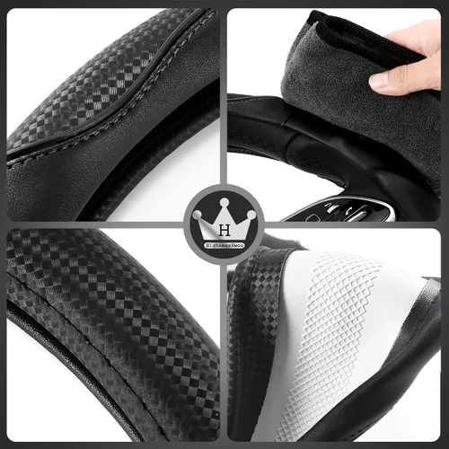 Miniatura 7 de HighnessHwoo Funda 3D para volante de automóvil, agarre cómodo, masaje deportivo, antideslizante, de fibra de carbono, piel sintética para sedán