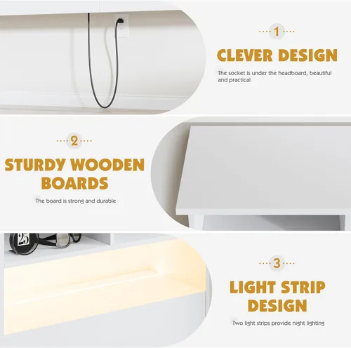 Miniatura 5 de Cabecero tamaño King para dormitorio, elegante cabecero de estantería con estación de carga integrada y 2 luces LED, tablero de madera de ingeniería