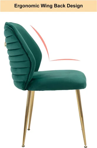 Miniatura 6 de Juego de 2 sillas de comedor tapizadas, modernas de terciopelo de mediados de siglo con respaldo de ala y patas de metal dorado, cómoda silla