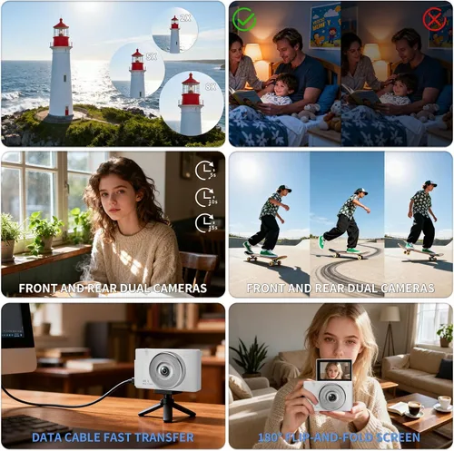 Miniatura 7 de Cámara digital 2K con filtro múltiple de 48 MP con zoom 16X antivibración, pantalla LCD de 3 pulgadas, cámara compacta para vlogging con tarjeta SD