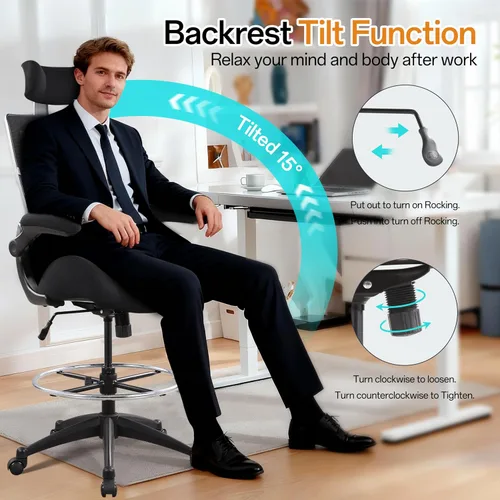 Miniatura 7 de BOLISS Silla de oficina alta de dibujo, 400 libras, respaldo alto, silla de escritorio ancha cómoda con reposabrazos abatibles, soporte lumbar, Negro