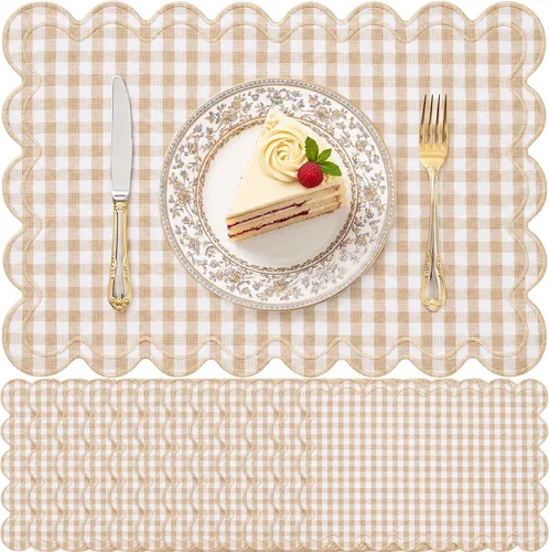 Miniatura 11 de Juego de 12 manteles individuales de lino festoneados de 13 x 19 pulgadas, bordado ondulado, doble capa, lavable, para cena, boda, fiesta