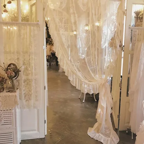 HM&DX Cortina vintage de encaje transparente con volantes, elegante cortina floral con bolsillo superior, bordada, elegante cortinas de ventana para