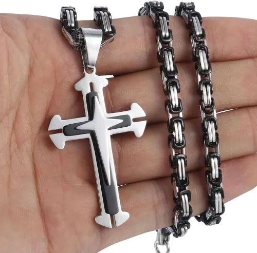 Miniatura 3 de Trendsmax - Collar con colgante de cruz para hombre, acero inoxidable, cadena bizantina de 22 24 26 28 30 pulgadas