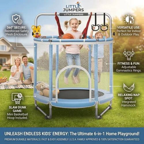 Miniatura 7 de Seray - Cama elástica de 55-65 pulgadas para niños con red de seguridad y mini pelotas, pequeño trampolín para niños pequeños para recreación