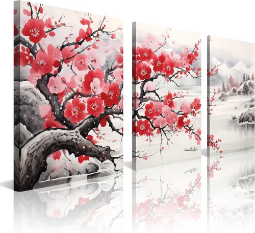 Miniatura 20 de Arte de Pared de Acuarela de Estilo Asiático Tradicional Chino Pájaro en Rama de Flor de Cerezo Roja Decoración Paisaje Floral Oriental Pintura