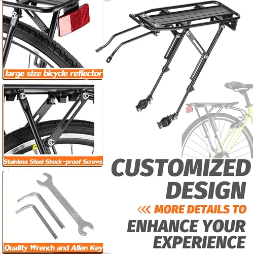 Miniatura 4 de Portaequipajes trasero para bicicleta con reflectante de gran tamaño, Portaequipajes para bicicleta con soportes de montaje extra largos