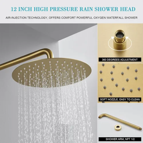 Miniatura 3 de Sistema de ducha de oro cepillado de 12 pulgadas para baño, cabezal de ducha de lluvia dorado de alta presión con rociador de mano, accesorios