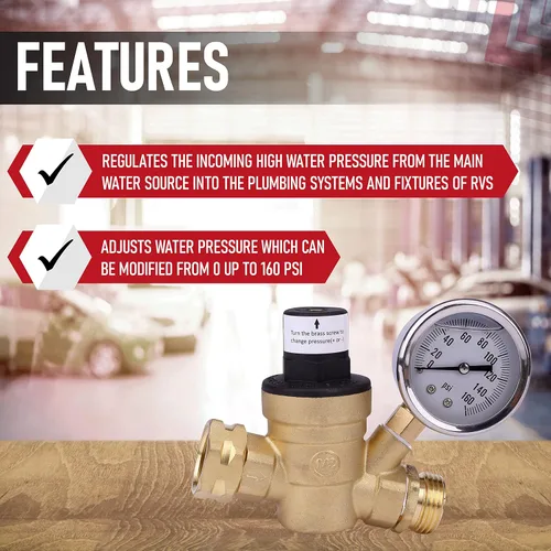 Miniatura 2 de Regulador de presión de agua para autocaravana con medidor ajustable de manguera de agua de 3/4 pulgadas, regulador de presión de agua