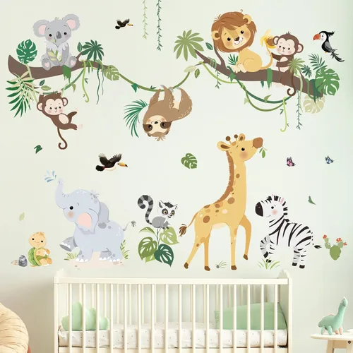 Miniatura 2 de decalmile Calcomanías de Pared de Rama de Árbol de Animales de la Selva Safari Mono Jirafa León Pegatinas de Pared Guardería Habitación de Niños