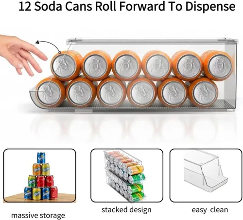 Miniatura 6 de Dispensador de latas de soda extra largo y ampliado con tapa para refrigerador, organizador apilable de bebidas para nevera, despensa, capacidad