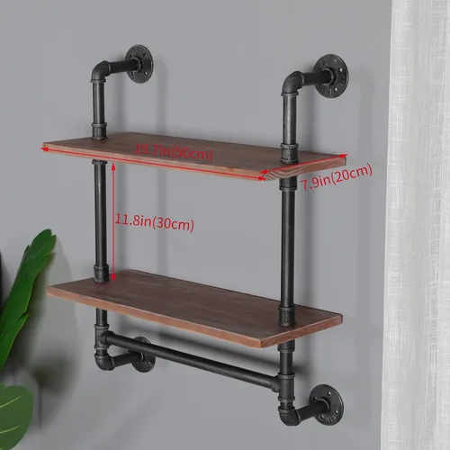 Miniatura 2 de Estante industrial de tubería para baño, estantes de pared montados en la pared, 2 niveles de 19.6 pulgadas de madera rústica, decoración flotante