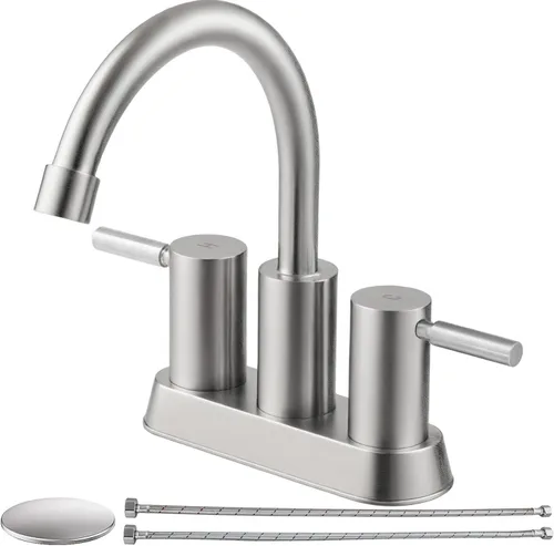 IKEBANA Grifo de baño de níquel cepillado, grifos de lavabo de baño de 2 asas tipo centerset, boquilla giratoria de arco alto de 360°, moderno grifo