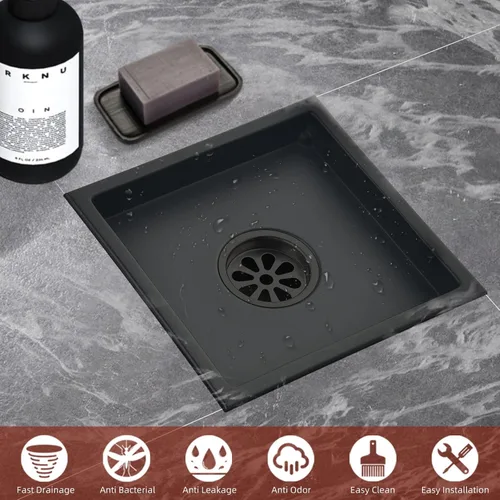 Miniatura 8 de Juego de 2 drenajes cuadrados de ducha de 6 pulgadas con rejilla cuadrada extraíble, acero inoxidable 304, incluye base de drenaje con filtro