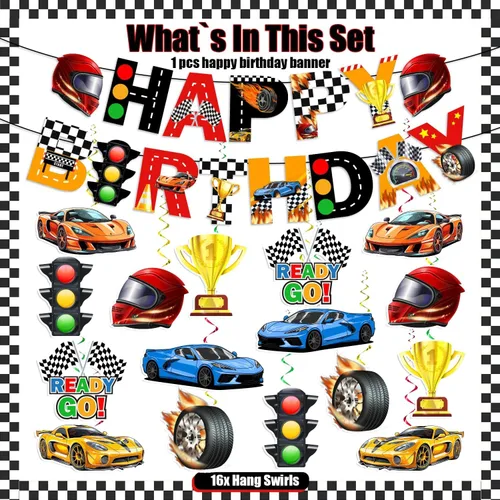 Miniatura 7 de KORHONEN Decoraciones de fiesta de cumpleaños con temática de auto de carreras para niños y adultos, incluye pancarta de feliz cumpleaños