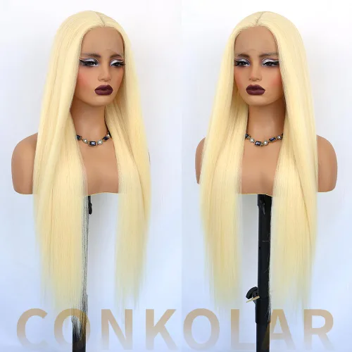 Miniatura 5 de Peluca rubia sintética con encaje frontal, predepilada 613, peluca de cabello largo para mujer, peluca sedosa y recta con parte media sin pegamento
