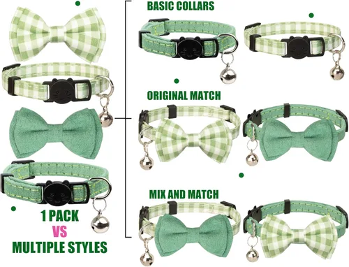Miniatura 2 de Collar de gato con campana para niño y niña, pajarita de seguridad, a cuadros, color sólido, conjunto de regalo, lindo festivo, [2 piezas], verde