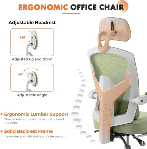 Miniatura 4 de Silla de oficina para computadora Sweetcrispy, sillas giratorias ergonómicas de malla con respaldo alto para trabajo con ruedas, soporte lumbar Verde