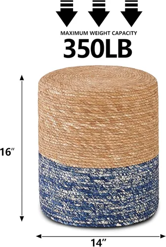 Miniatura 3 de Wimarsbon Taburete Natural de Sereno Marino, Otomana Redonda Tejida a Mano, para Sala de Estar, Asiento para Exterior (Natural y Azul)