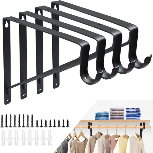 Miniatura 9 de Paquete de 2 soportes para barra de armario, estante de armario resistente y soportes de barra, soportes negros para barra de armario de 1-3/8