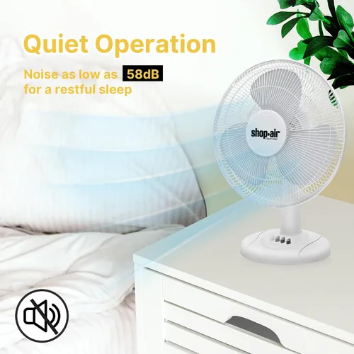 Miniatura 4 de Shop-Air Ventilador de mesa oscilante de 12 pulgadas, 3 velocidades, circulación de aire silenciosa y potente, inclinación de cabeza ajustable