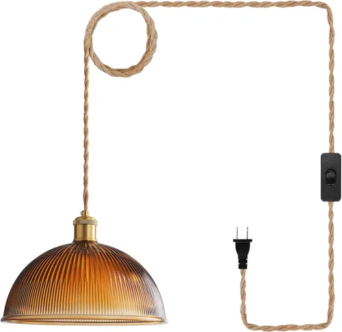 XZHGCEE Lámpara colgante enchufable: Lámpara colgante ámbar Lámpara colgante enchufable, iluminación colgante de vidrio para isla de cocina,