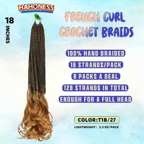 Miniatura 2 de Paquete de 8 trenzas de ganchillo rizadas francesas para mujeres de color, 18 pulgadas, paquete de 8 trenzas de caja diosa, extensiones de cabello