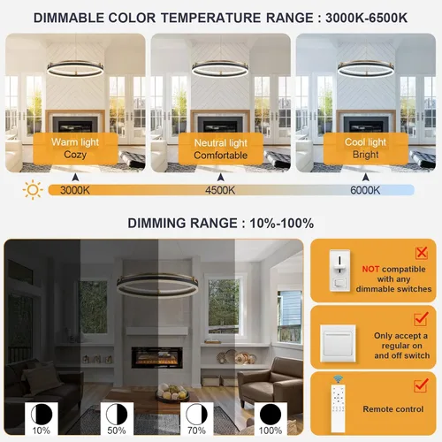 Miniatura 5 de Benkut Lámpara colgante LED moderna D24 pulgadas, color negro dorado, lámpara LED circular regulable, 1 anillo con control remoto, luz colgante