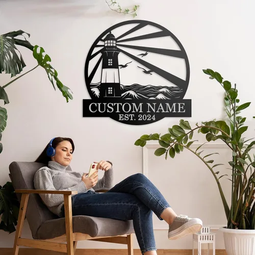 Miniatura 3 de Letreros de faro de metal personalizados Arte de pared de cabina al aire libre personalizado para playa costera Letrero de apellido Regalo