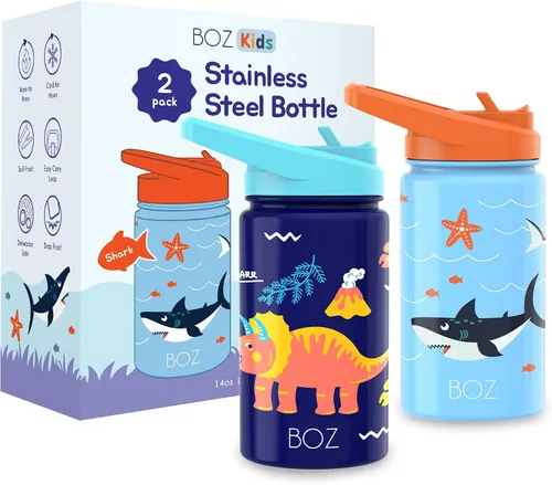 BOZ Botella de agua de dinosaurio aislada para niños con tapa con popote, paquete de dos unidades, vaso de agua de doble pared al vacío de tiburón y