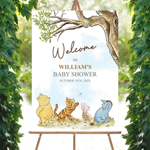 Miniatura 12 de Letrero personalizado para baby shower de oso Pooh, diseño clásico de vegetación personalizada, letrero de bienvenida para patio de baby shower