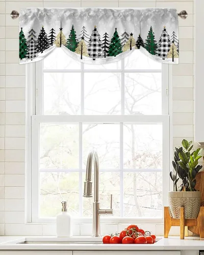 Miniatura 10 de Cenefa de amarre cardenal de Navidad, cenefa de cocina ajustable con hojas de eucalipto verde baya, cenefas blancas con bolsillo para barra