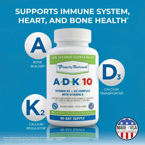 Miniatura 3 de Power By Naturals ADK 10 - Vitamina A de alta potencia, D3 10000 IU, suplemento K2 MK7 – 90 pastillas (1 unidad) para 3 meses de apoyo a la salud