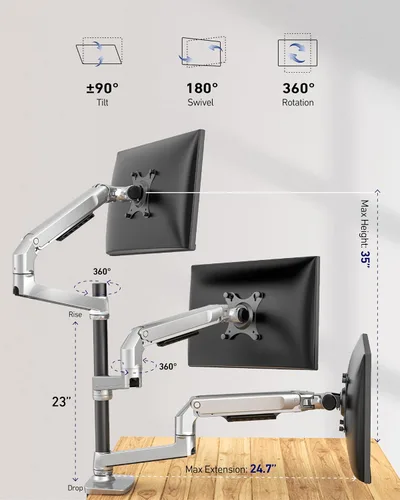 Miniatura 3 de Ergounion - Soporte de escritorio para tres monitores, soporta pantallas de hasta 40 pulgadas y 25 libras, soporte de escritorio totalmente Plateado
