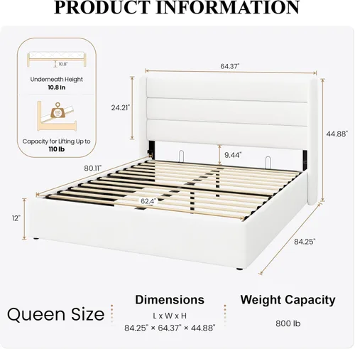 Miniatura 2 de SHA CERLIN Cama de Almacenamiento Elevadora Tamaño Queen/Tapizada en Terciopelo/Cabecera Moderna Tipo Wingback/Marco de Cama Plataforma Blanco