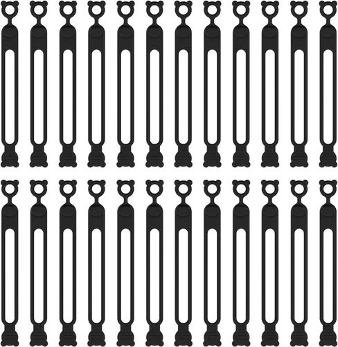24 bridas de silicona reutilizables, organizador de cables, artículos esenciales de viaje, organización de cocina y oficina (negro)