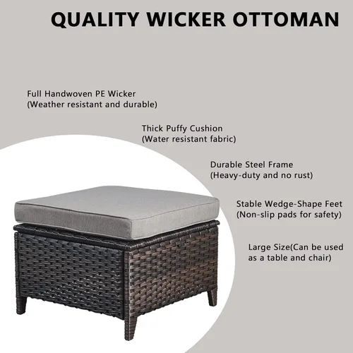 Miniatura 3 de Reposapiés otomanos para exteriores, 2 piezas, reposapiés otomano de mimbre de ratán con cómodos cojines para patio, porche, terraza, balcón, jardín