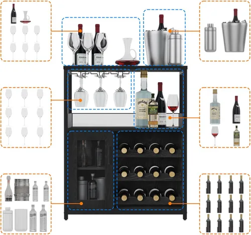 Miniatura 5 de IDEALHOUSE Armario de bar de vinos de 3 niveles con estante y cajón desmontable para vinos, aparador industrial y gabinete de buffet con soporte