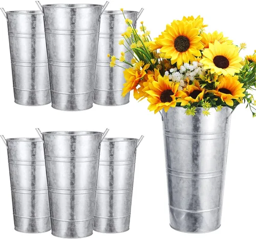 Miniatura 7 de Chumia 6 jarrones de metal galvanizado de 12 pulgadas, cubo de flores francesas para flores cortadas, decoración de cubo de flores de metal, Beige