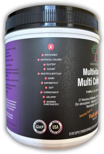 Miniatura 6 de Polvo de colágeno múltiple que reemplaza tu multivitamínico – Péptidos de colágeno + 27 vitaminas y minerales, probióticos, antioxidantes – Cuchara
