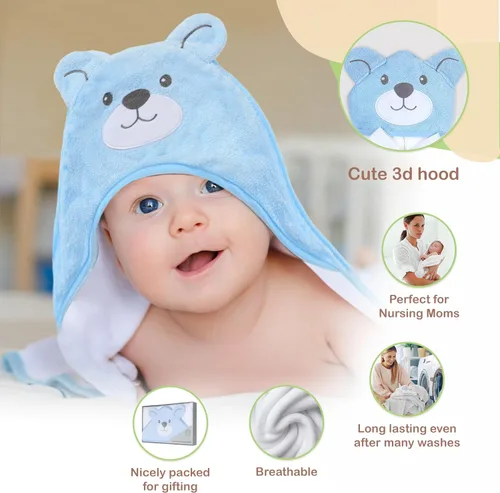 Miniatura 7 de Mother's Choice - Toallas de bebé 100% algodón orgánico con diseño de oso azul, certificado Oeko-TEX, hipoalergénicas, ultra absorbentes, toalla