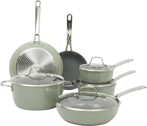 Sur La Table Kitchen Essentials Cool Commune - Juego de ollas y sartenes de aluminio forjado duradero anodizado duro de 10 piezas, libre de PFA, con